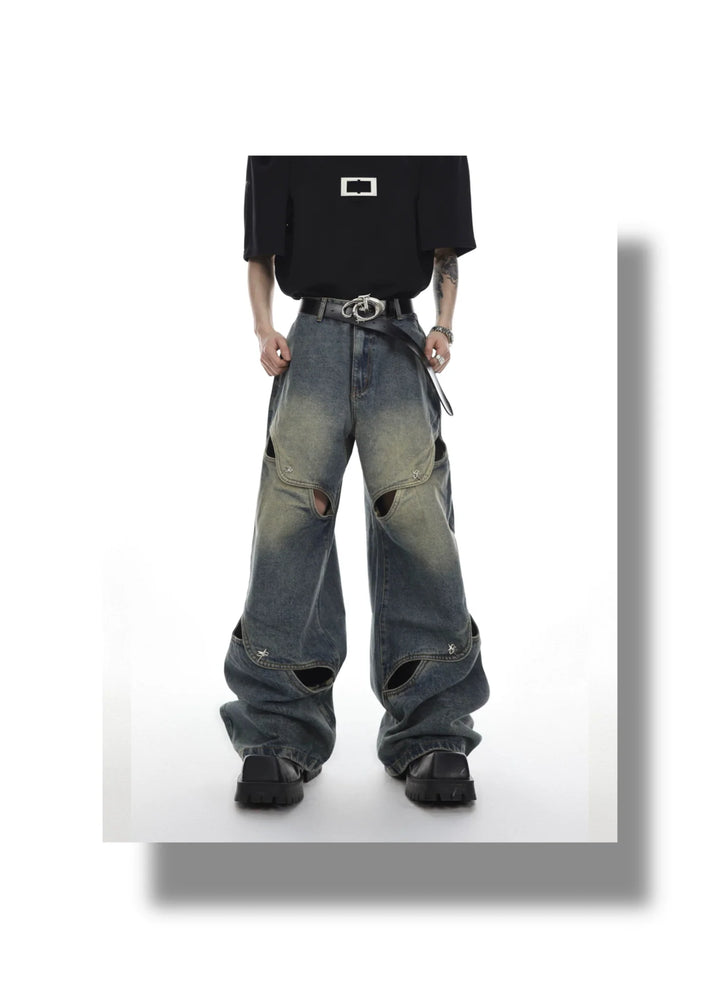 Deconstructed Washed Wide - Leg Jeans with Cut - Out - Distressed - ArguE CulturE