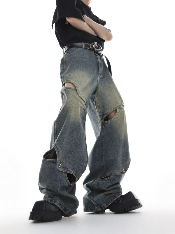 Deconstructed Washed Wide - Leg Jeans with Cut - Out - Distressed - ArguE CulturE