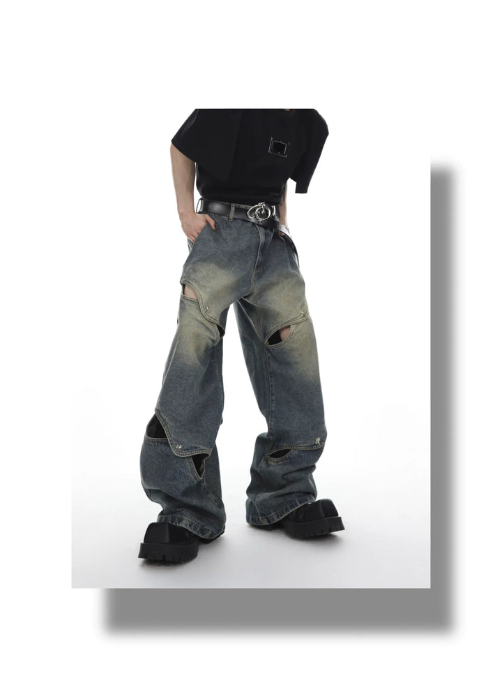 Deconstructed Washed Wide - Leg Jeans with Cut - Out - Distressed - ArguE CulturE