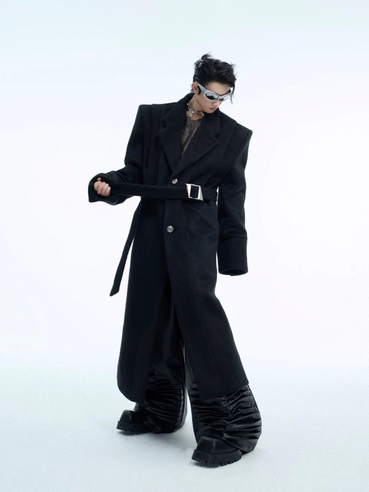 Deconstructed Wool-Blend Belted Coat with Padded Shoulders - main image 5