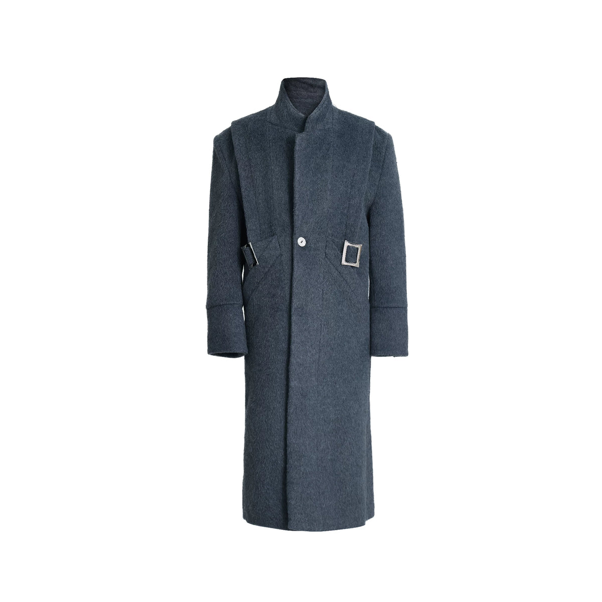 Deconstructed Wool-Blend Belted Coat with Padded Shoulders - Blue