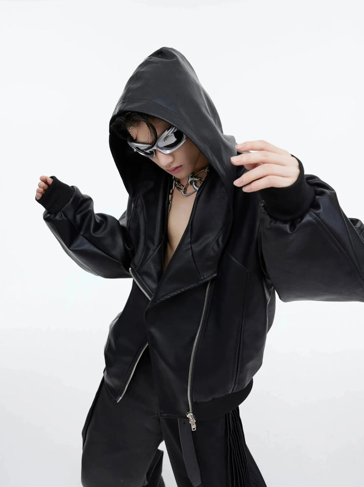 Deconstructed Zip Hooded Faux Leather Jacket | Unique Curved Sleeve Coat - ArguE CulturE