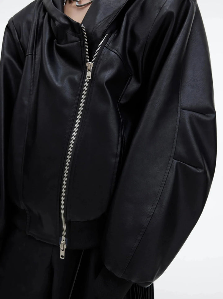 Deconstructed Zip Hooded Faux Leather Jacket | Unique Curved Sleeve Coat - ArguE CulturE