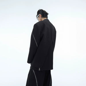 Beige twill blazer set worn in a street style lifestyle setting