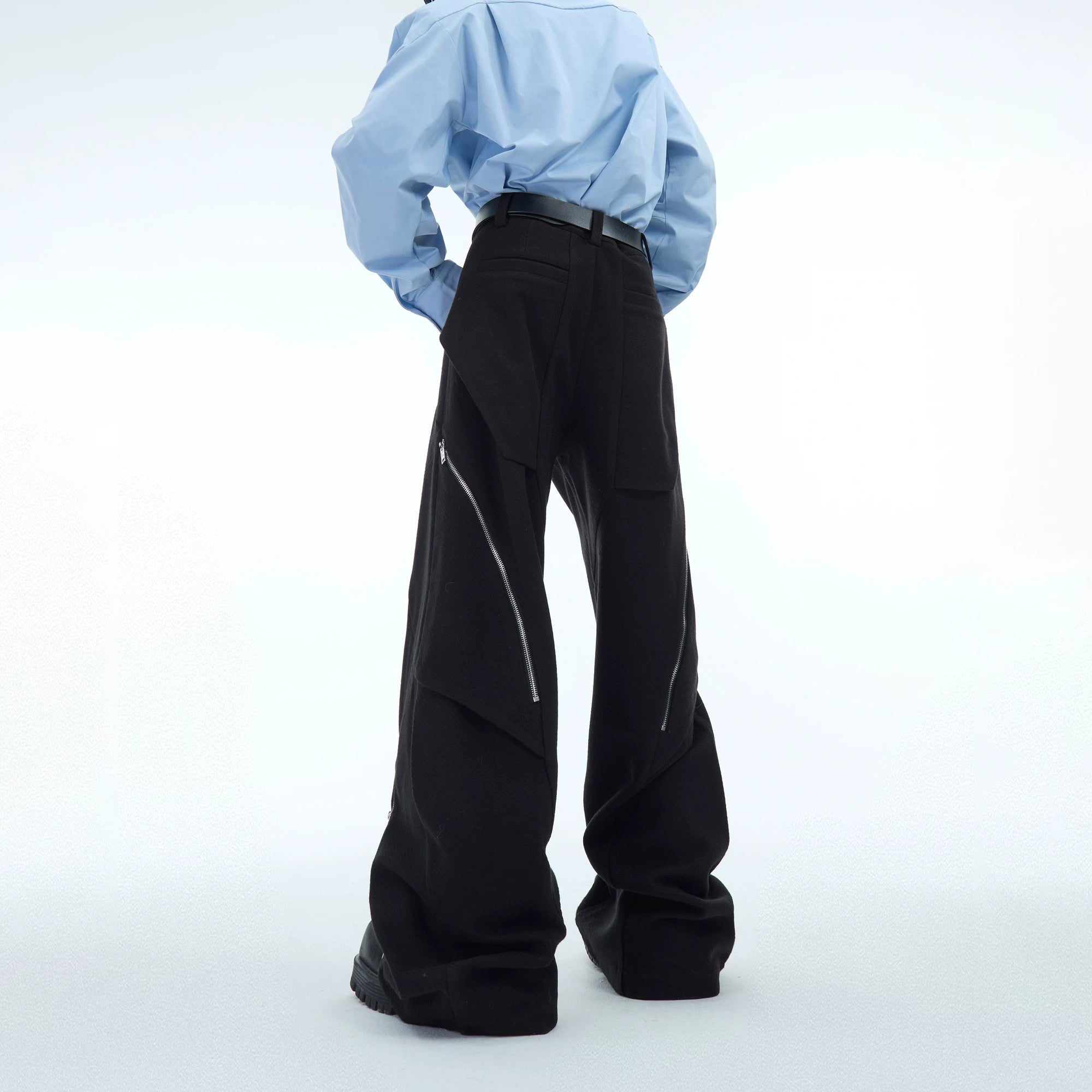 Full outfit view of the deconstructed streetwear suit in black