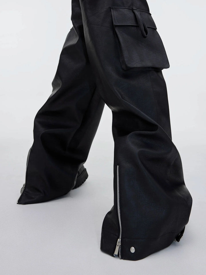 Designer Faux Leather Wide - Leg Pants | 3D Pockets & Metal Zip Detail - ArguE CulturE