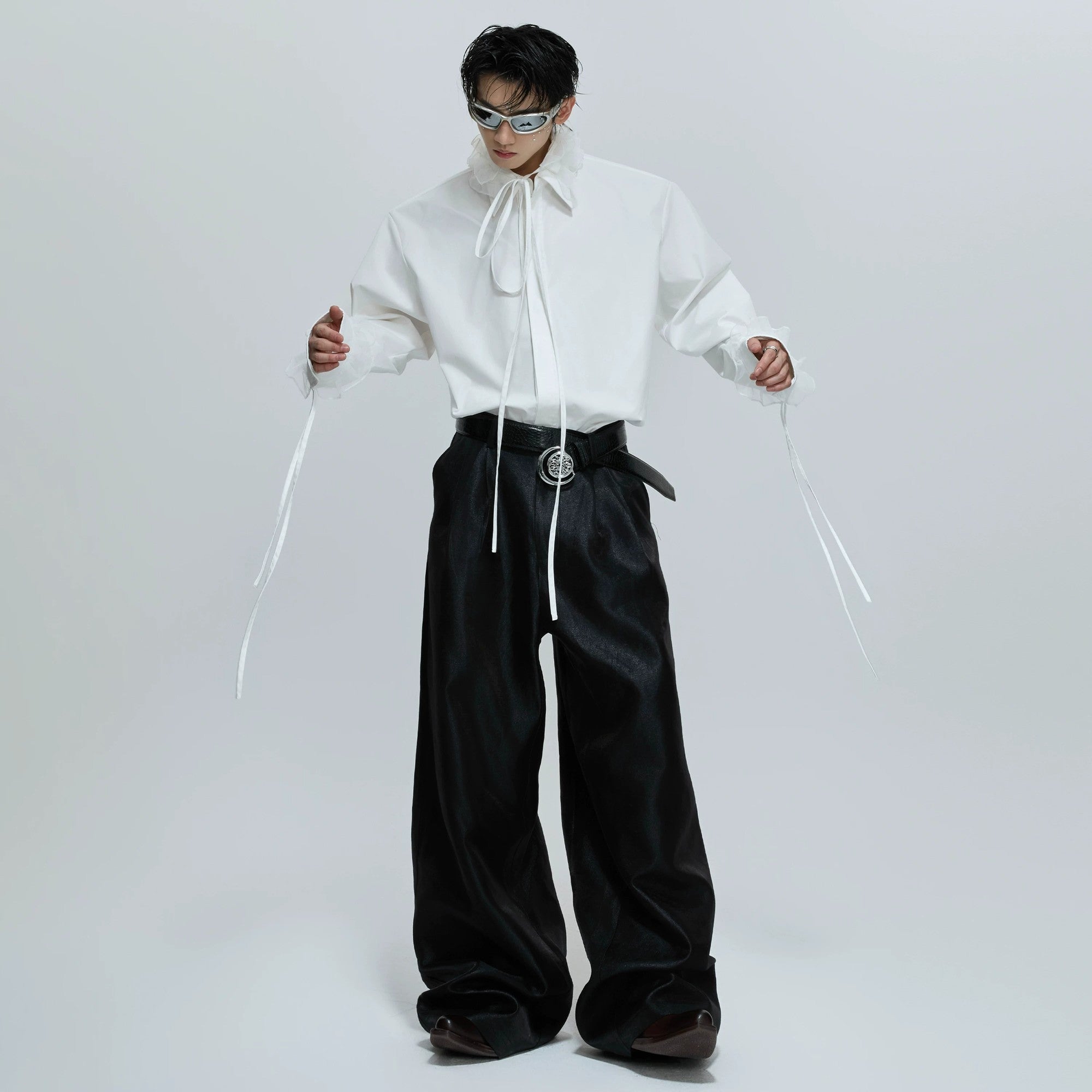 Black streetwear shirt with mesh and lace splicing for men and women