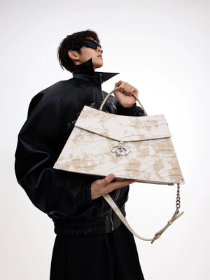 Model wearing a large capacity distressed tote bag for casual streetwear style