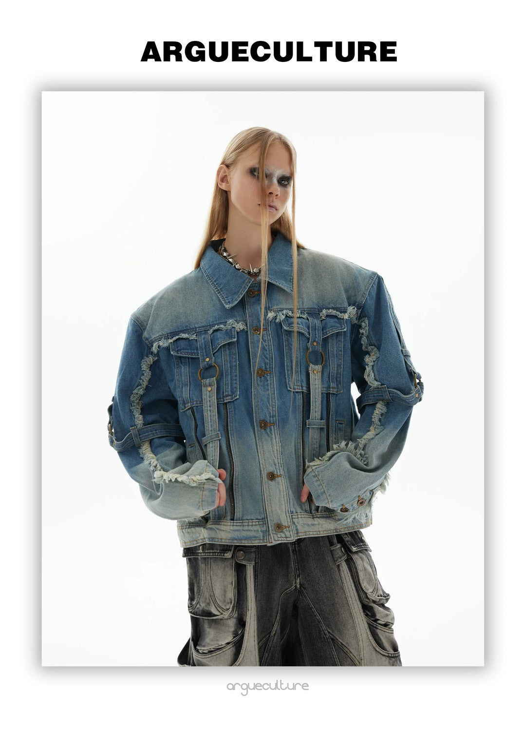 desc::distressed-deconstructed-denim-jacket-gradient-wash-streetwear-detail-img-10