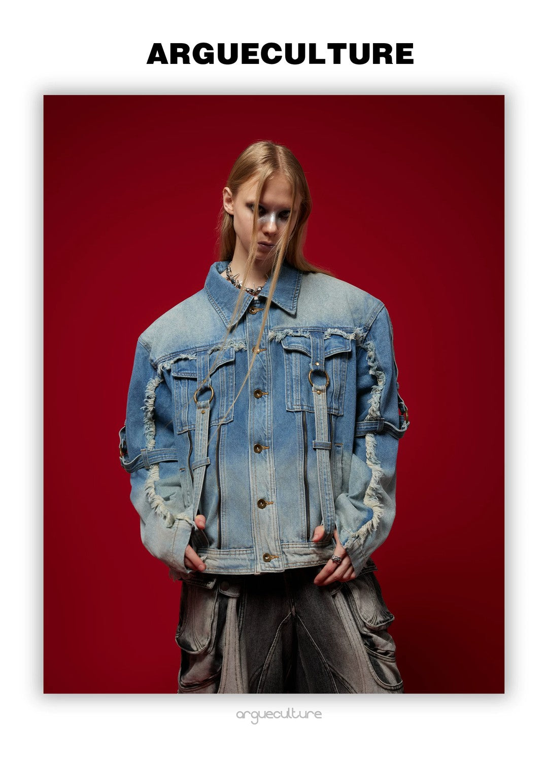 desc::distressed-deconstructed-denim-jacket-gradient-wash-streetwear-detail-img-4