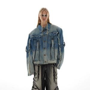 Back view of loose fit streetwear denim jacket with raw edges