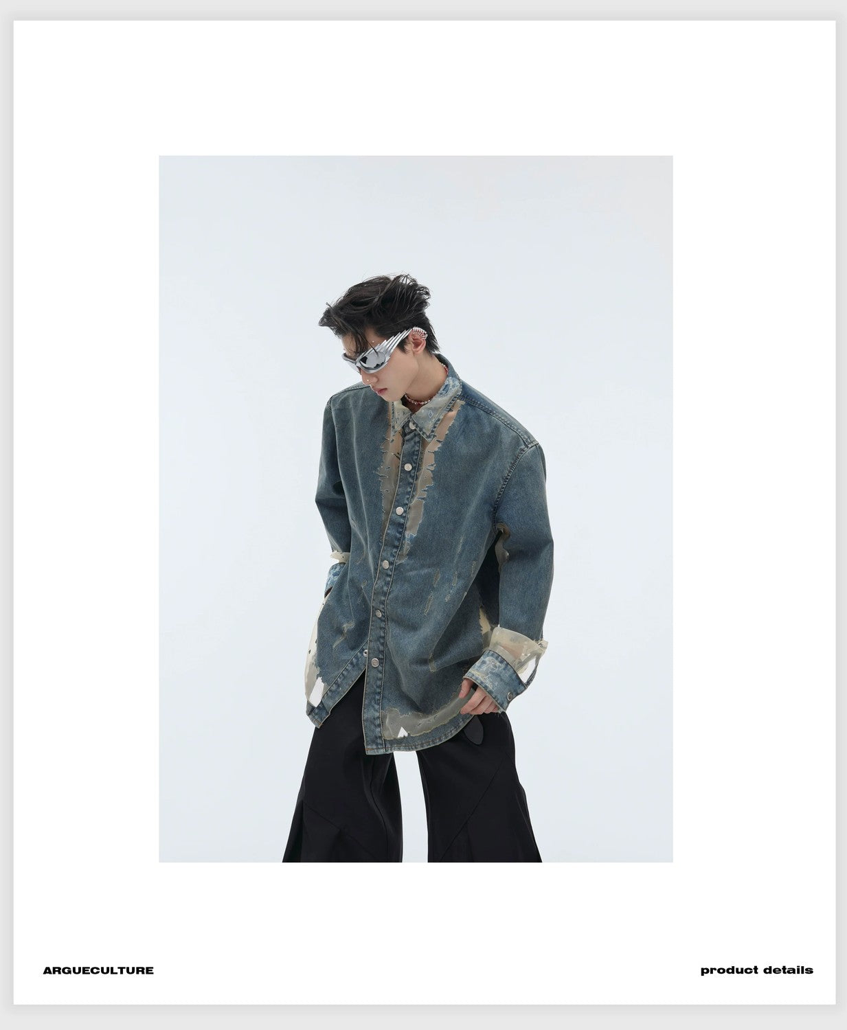 desc::distressed-deconstructed-denim-shirt-lace-patchwork-top-detail-img-4