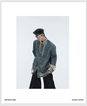 desc::distressed-deconstructed-denim-shirt-lace-patchwork-top-detail-img-4