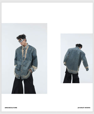 desc::distressed-deconstructed-denim-shirt-lace-patchwork-top-detail-img-7