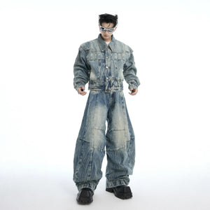 Front view of a men's deconstructed slub denim jacket with vintage wash.