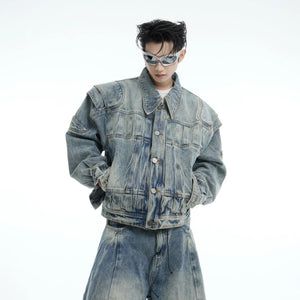 Full streetwear set featuring wide-leg jeans and matching denim jacket.