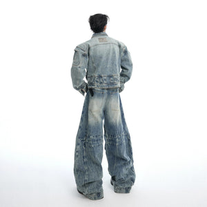 Close-up of the unique 3D armor-style pleated stitching on the denim sleeve.