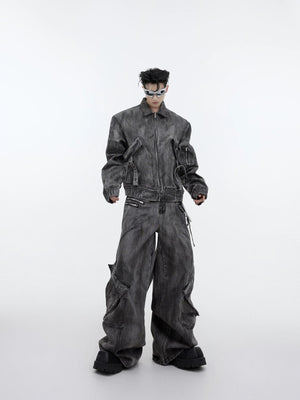 Distressed Gray Wasteland Denim Jacket and Cargo Pants Set Front View