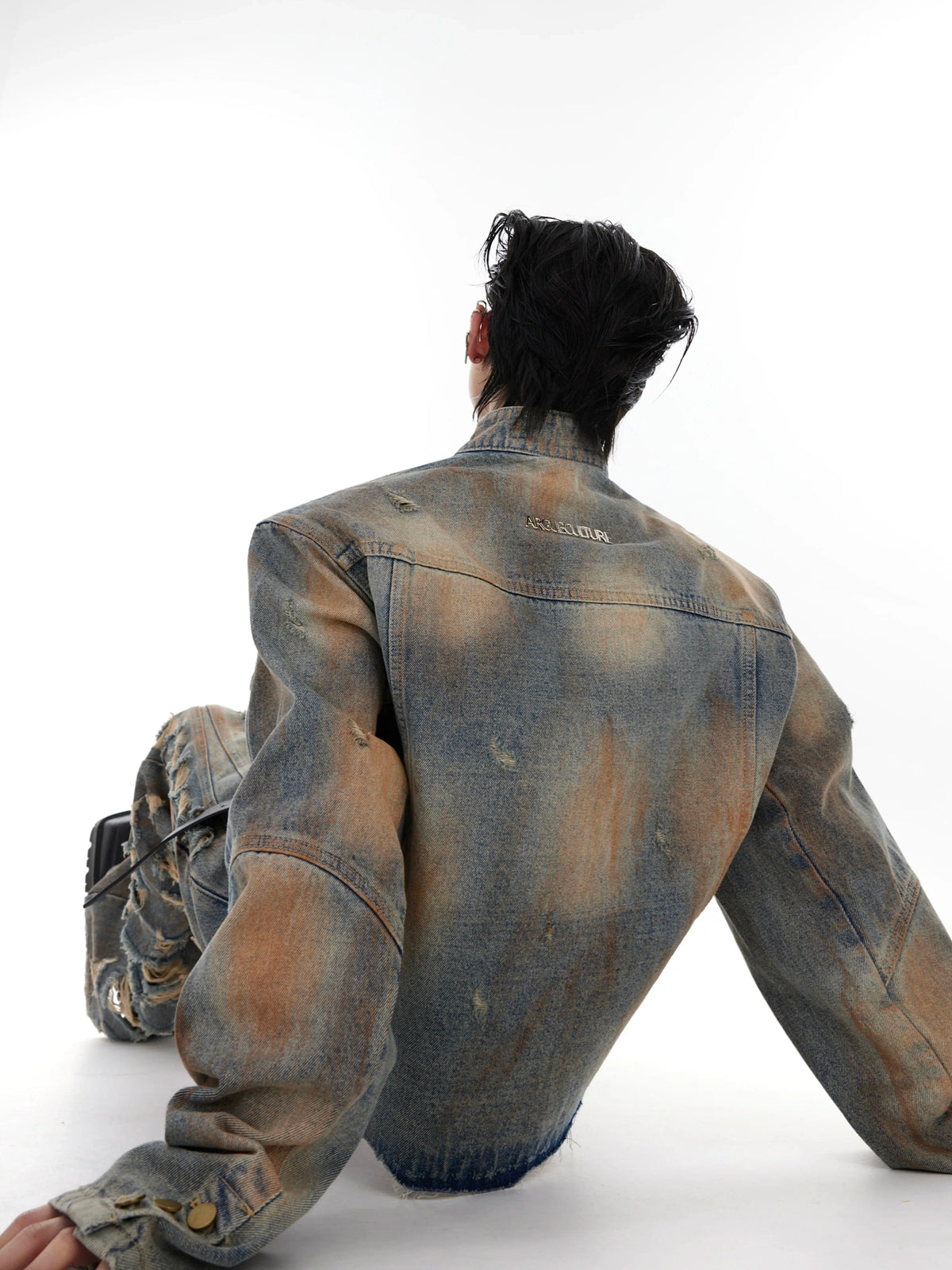 Distressed Denim Jacket & Flared Pants Set in Blue - main image 4