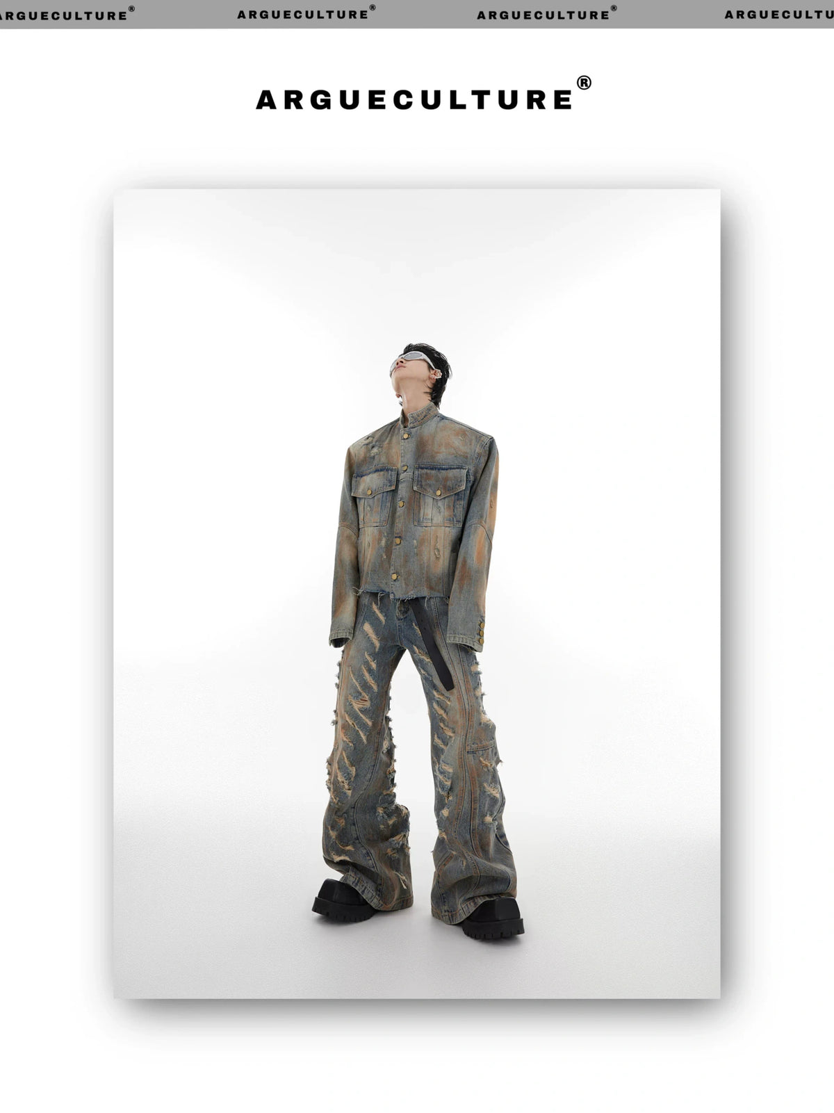 Distressed Denim Jacket & Flared Pants Set in Blue - detail image 2
