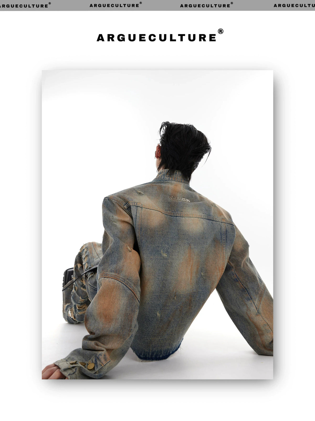 Distressed Denim Jacket & Flared Pants Set in Blue - detail image 5