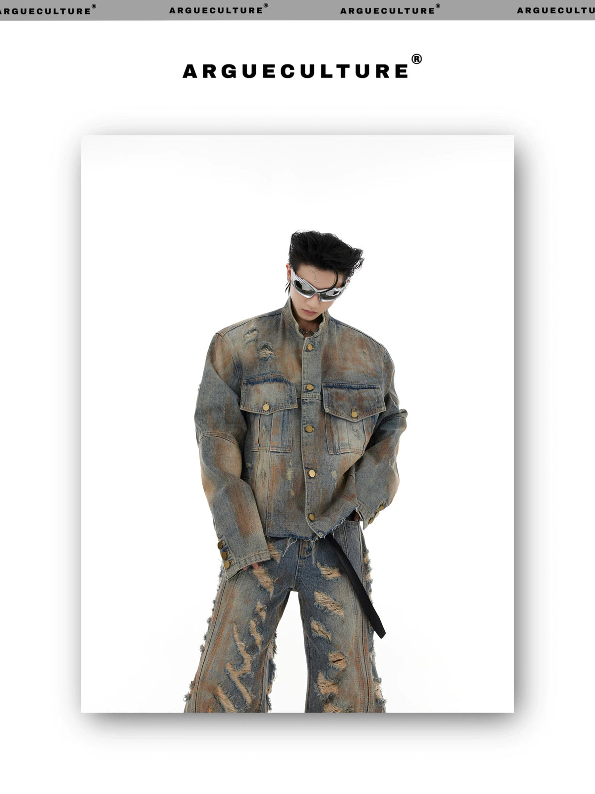 Distressed Denim Jacket & Flared Pants Set in Blue - detail image 6