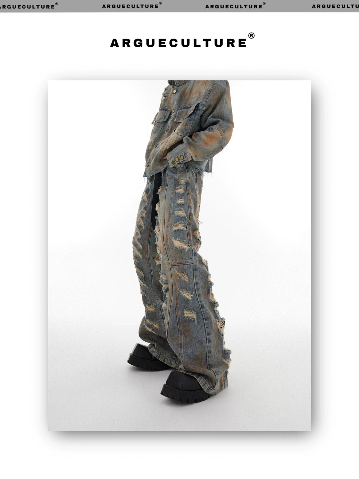 Distressed Denim Jacket & Flared Pants Set in Blue - detail image 1
