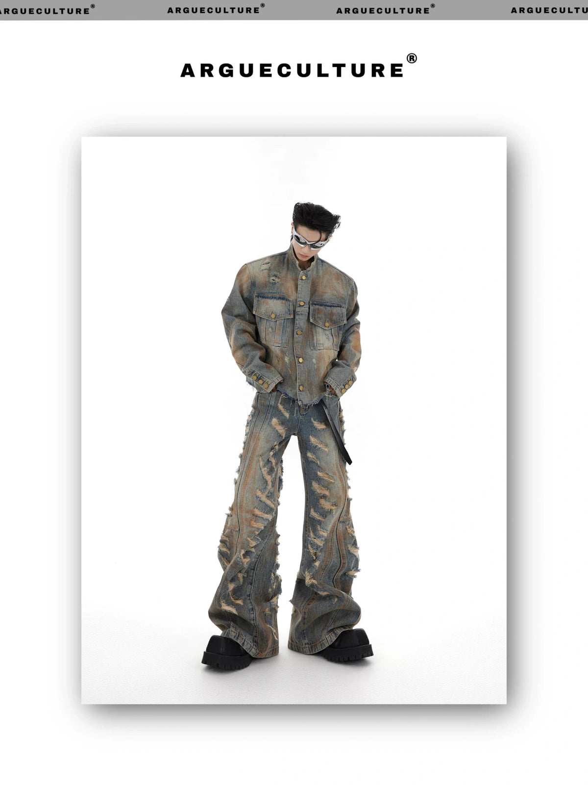 Distressed Denim Jacket & Flared Pants Set in Blue - detail image 4