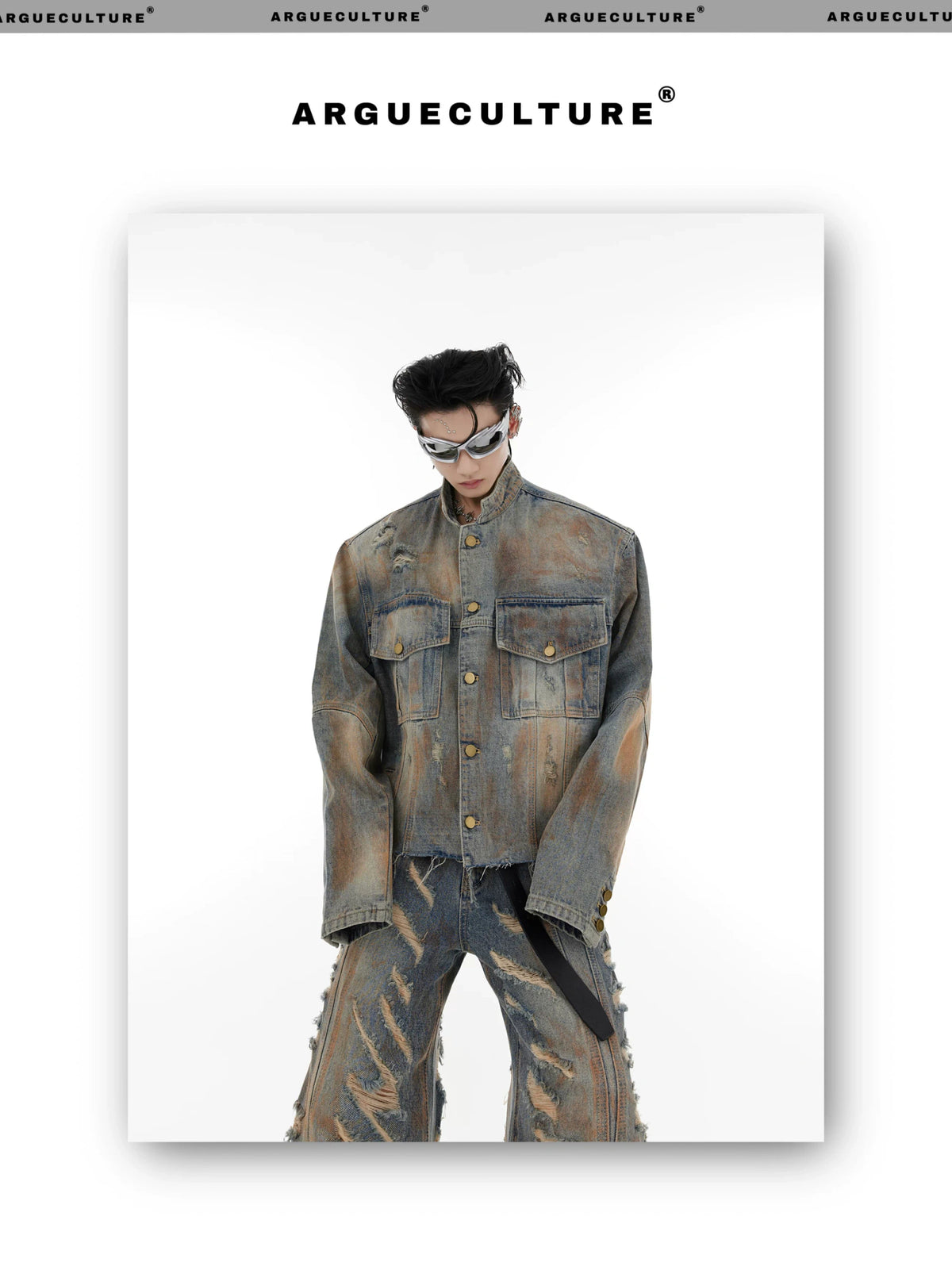 Distressed Denim Jacket & Flared Pants Set in Blue - detail image 3