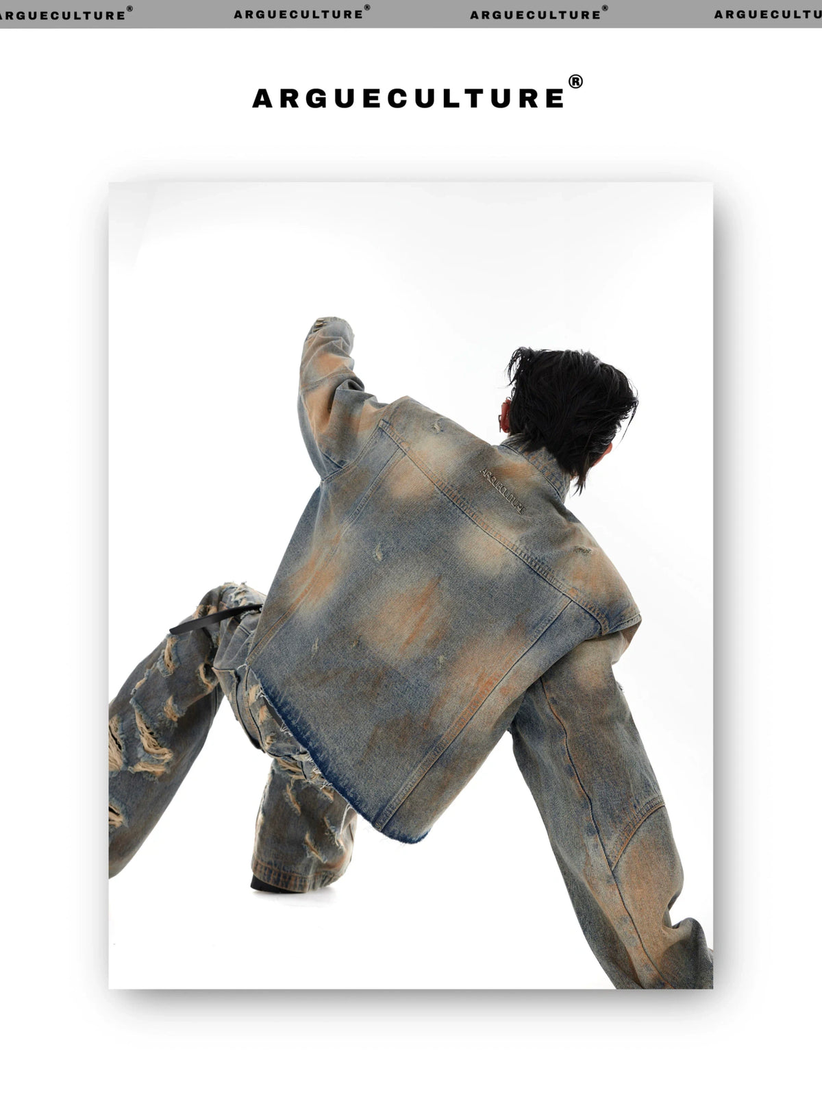 Distressed Denim Jacket & Flared Pants Set in Blue - detail image 8