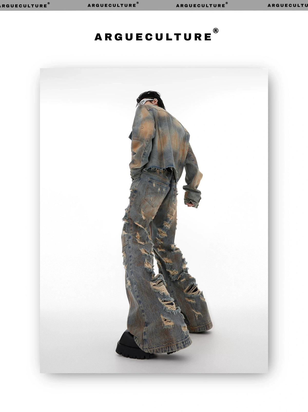 Distressed Denim Jacket & Flared Pants Set in Blue - detail image 7