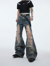 distressed-hollow-out-flare-jeans-vintage-gradient-denim-blue