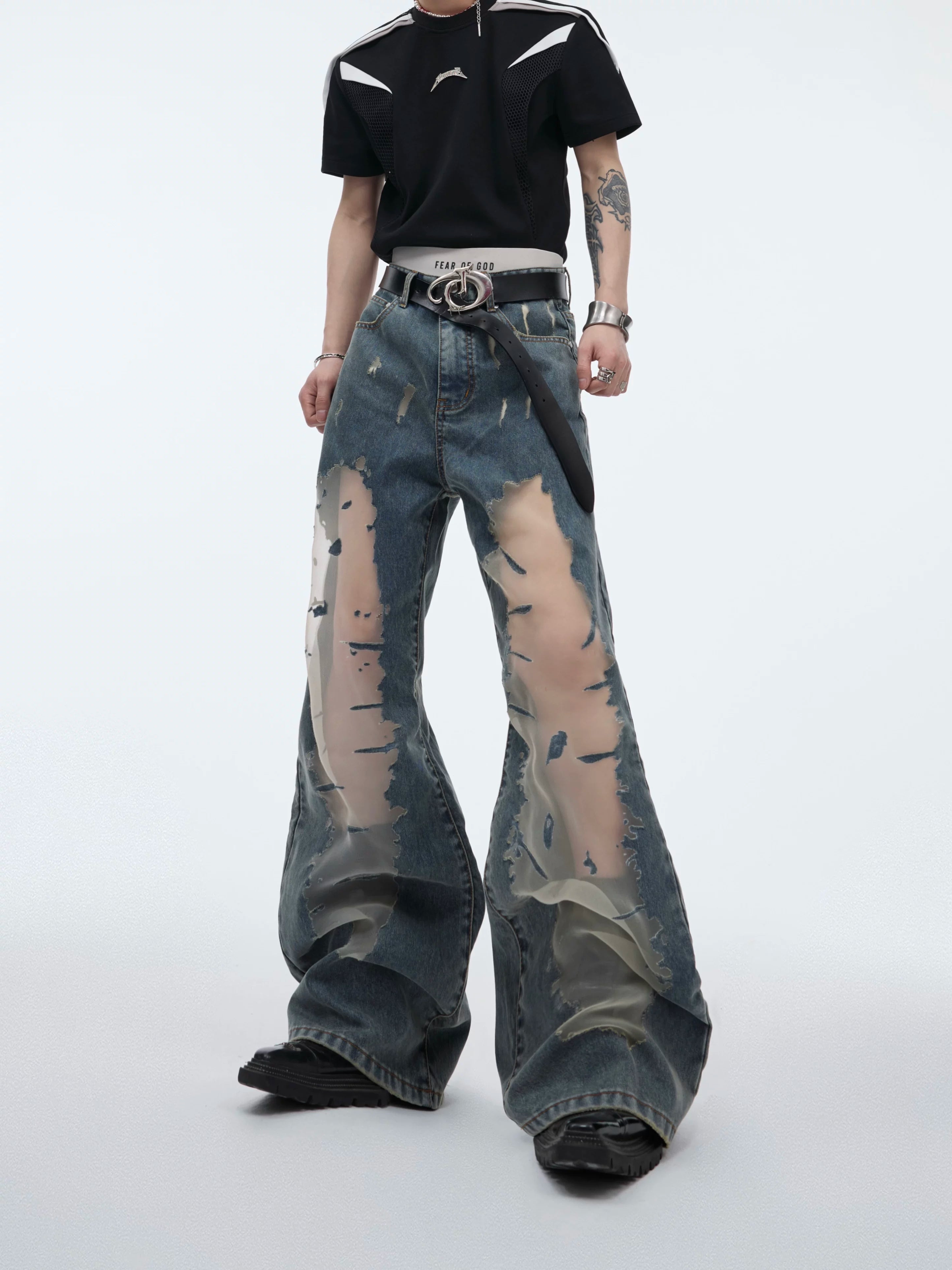 distressed-hollow-out-flare-jeans-vintage-gradient-denim-blue