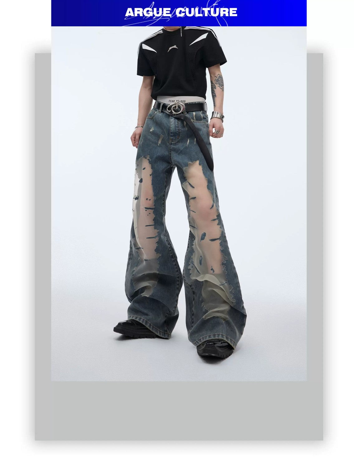 desc::distressed-hollow-out-flare-jeans-vintage-gradient-denim-detail-img-1