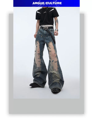 desc::distressed-hollow-out-flare-jeans-vintage-gradient-denim-detail-img-1