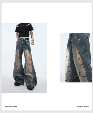 desc::distressed-hollow-out-flare-jeans-vintage-gradient-denim-detail-img-3