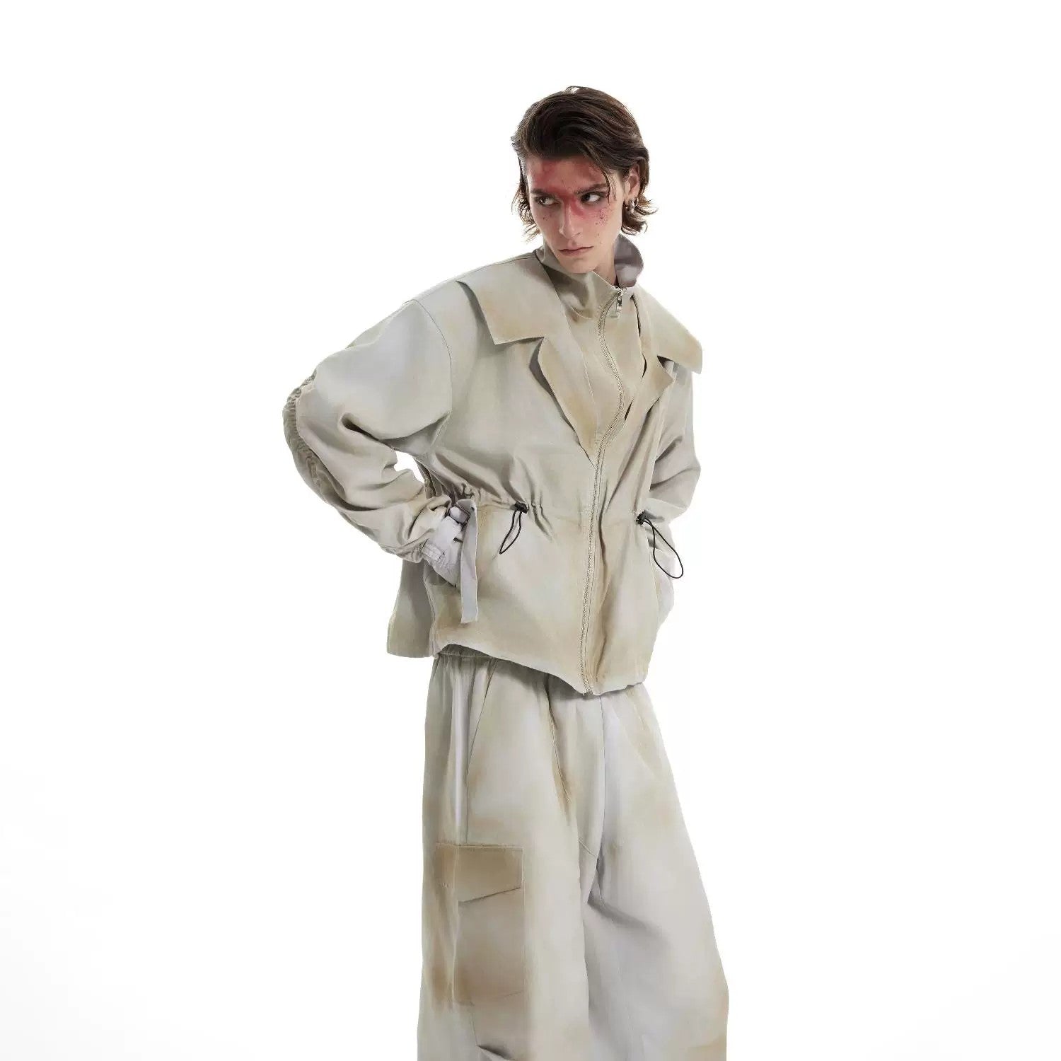 Men's distressed yellow techwear jacket and cargo pants set front view