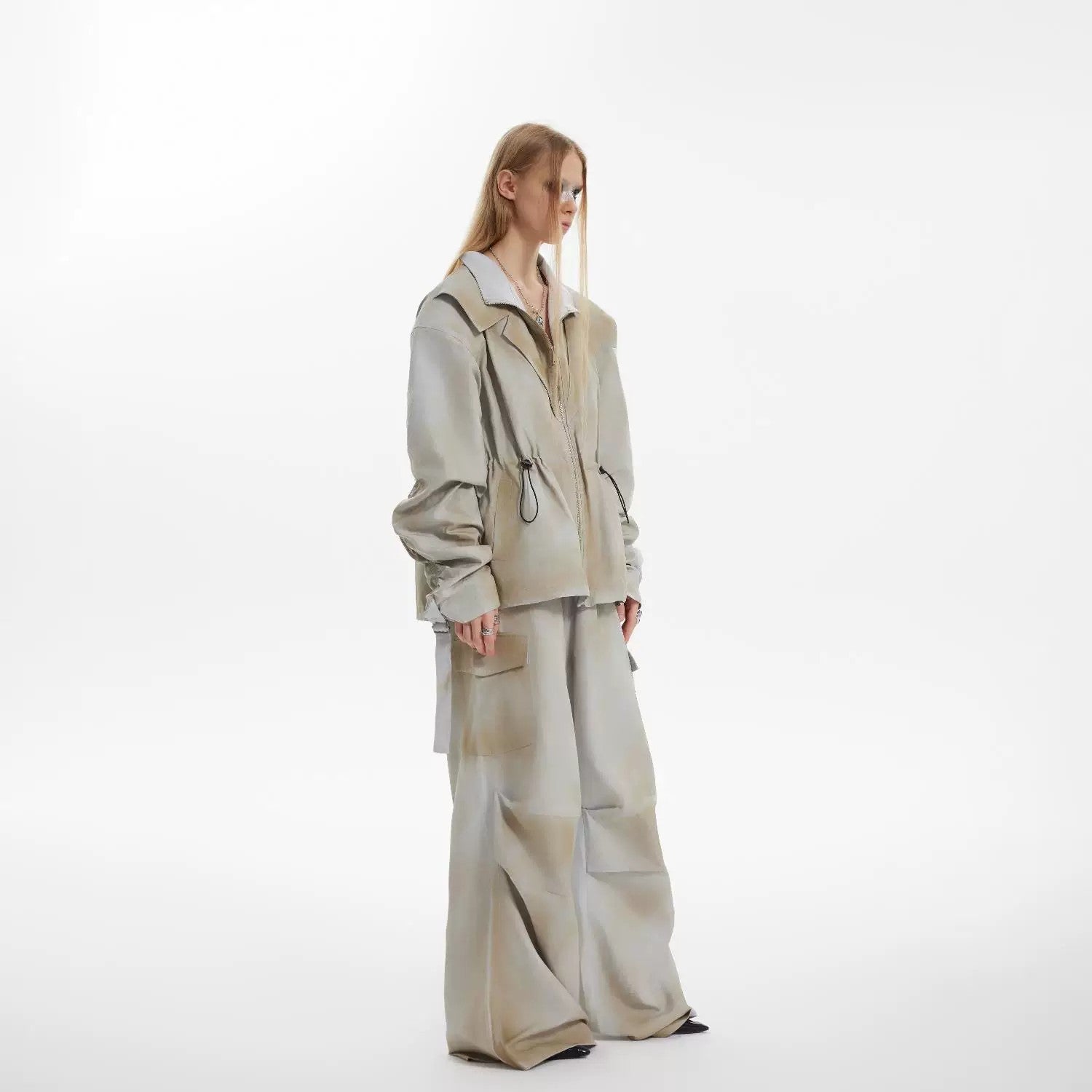 Yellow baggy cargo pants with distressed ink-jet wash streetwear style