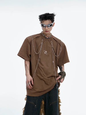 Front view of distressed black streetwear tee with metal chain