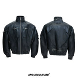 Distressed Multi-Zip Faux Leather Stand Collar Jacket - Black