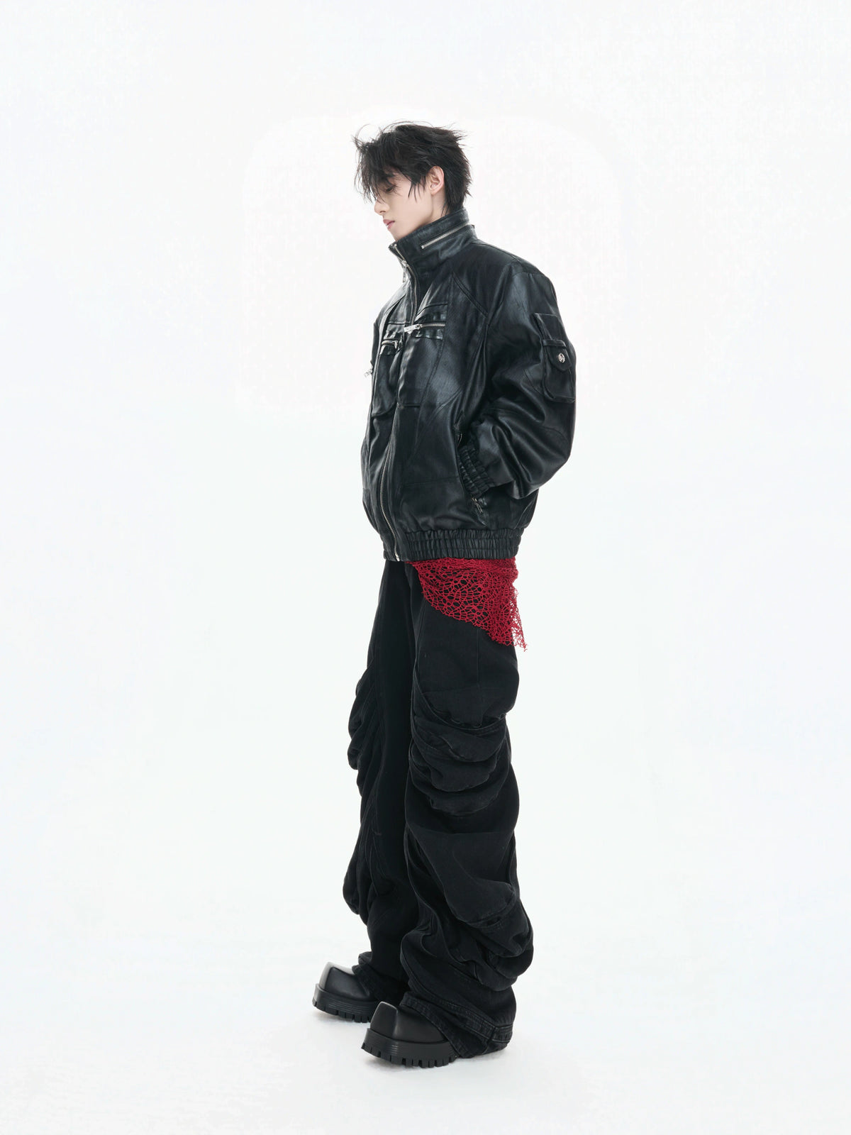 Distressed Multi-Zip Faux Leather Stand Collar Jacket - main image 3