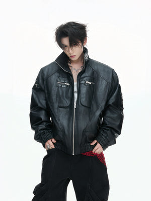 Distressed Multi-Zip Faux Leather Stand Collar Jacket - main image 1