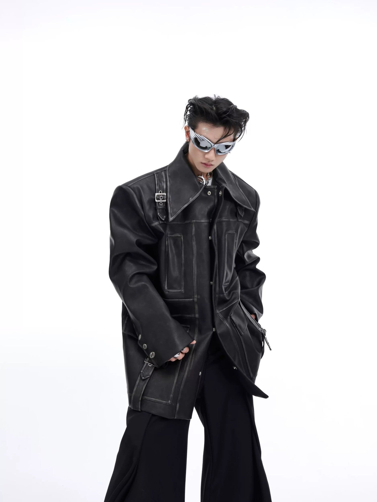 Oversized distressed red faux leather jacket with 3D bone line detailing