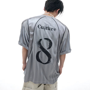 Front view of white distressed paneled streetwear jersey tee