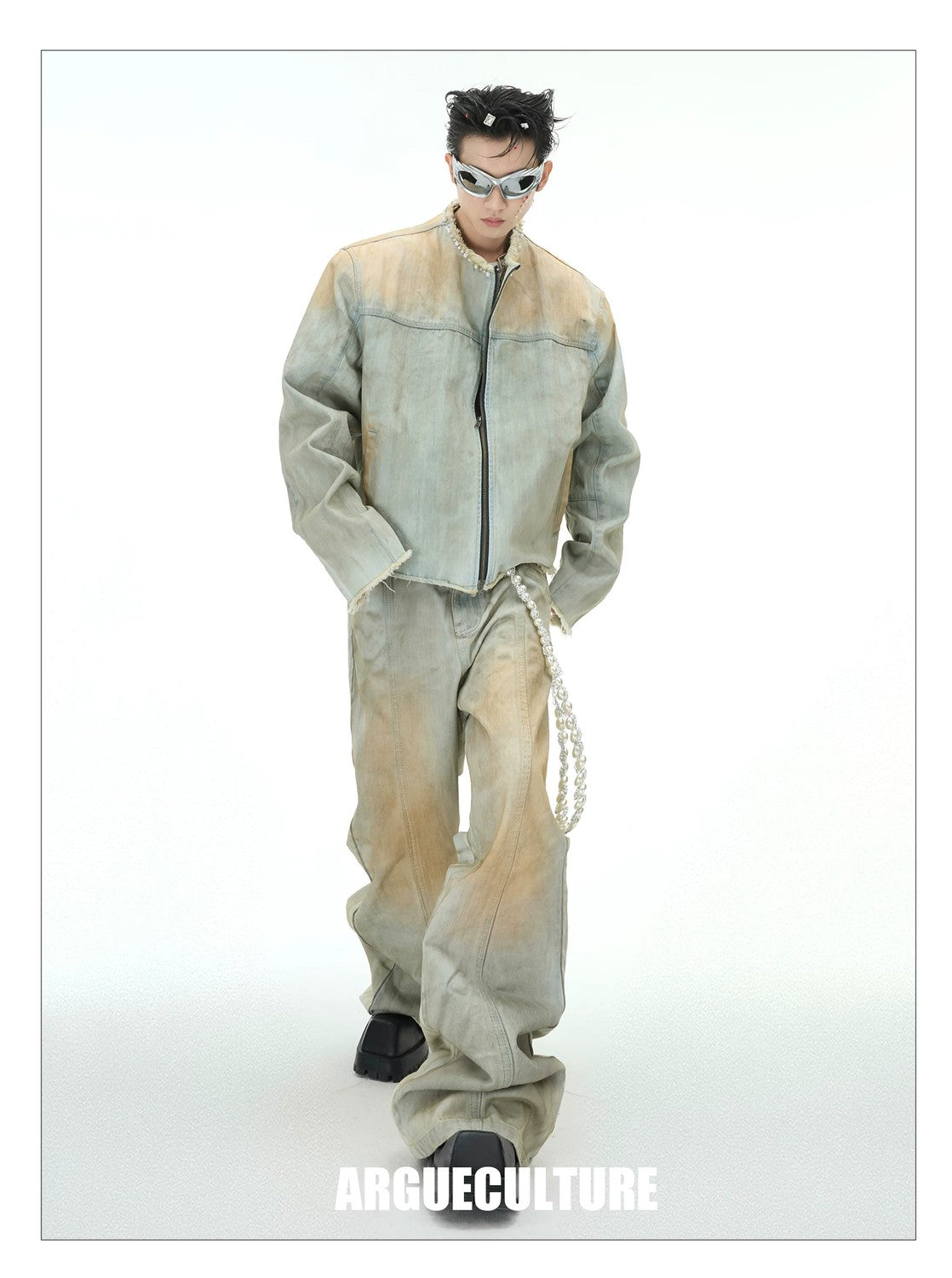 desc::distressed-pearl-denim-jacket-flare-jeans-streetwear-set-detail-img-5