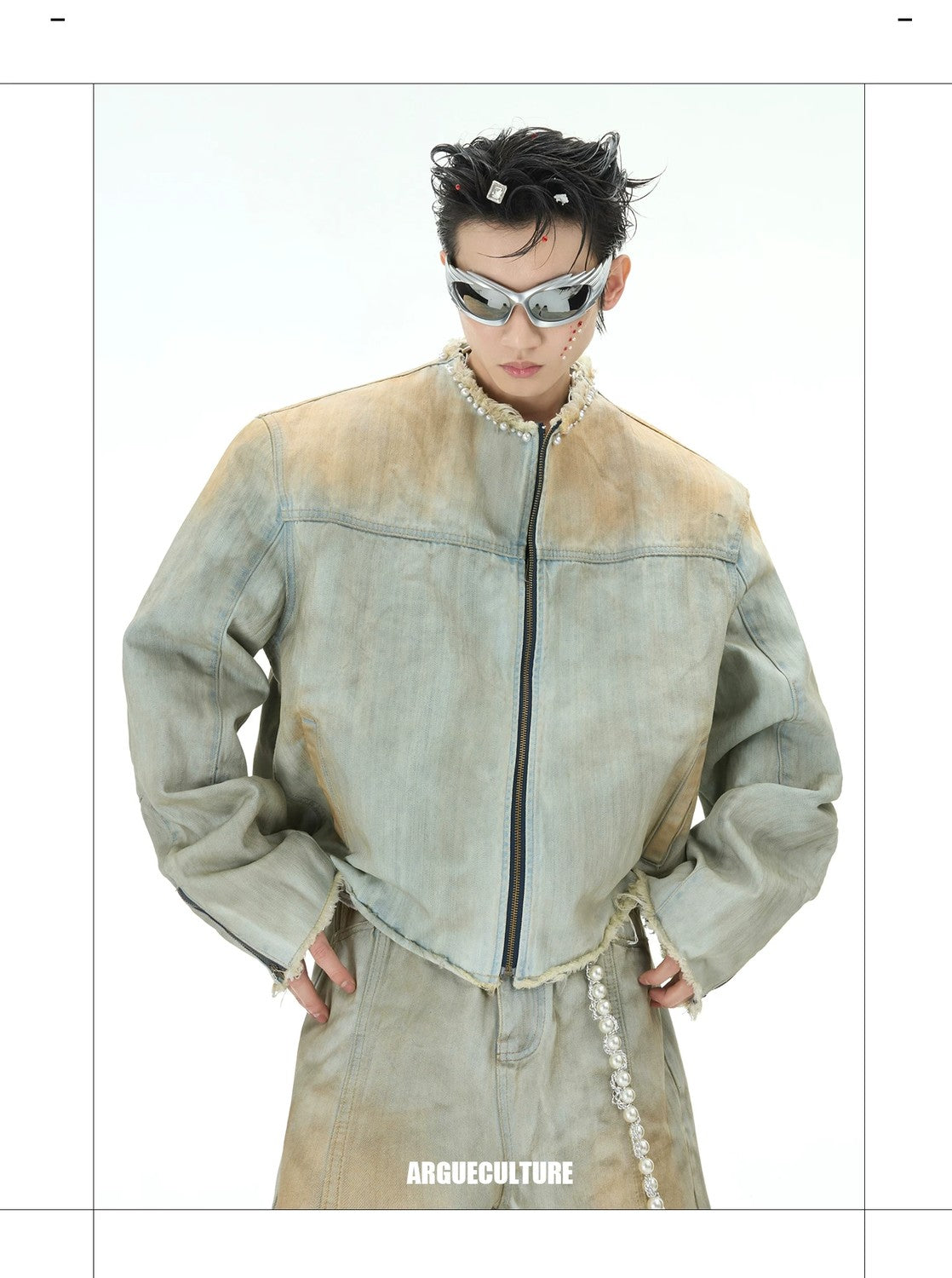 desc::distressed-pearl-denim-jacket-flare-jeans-streetwear-set-detail-img-7