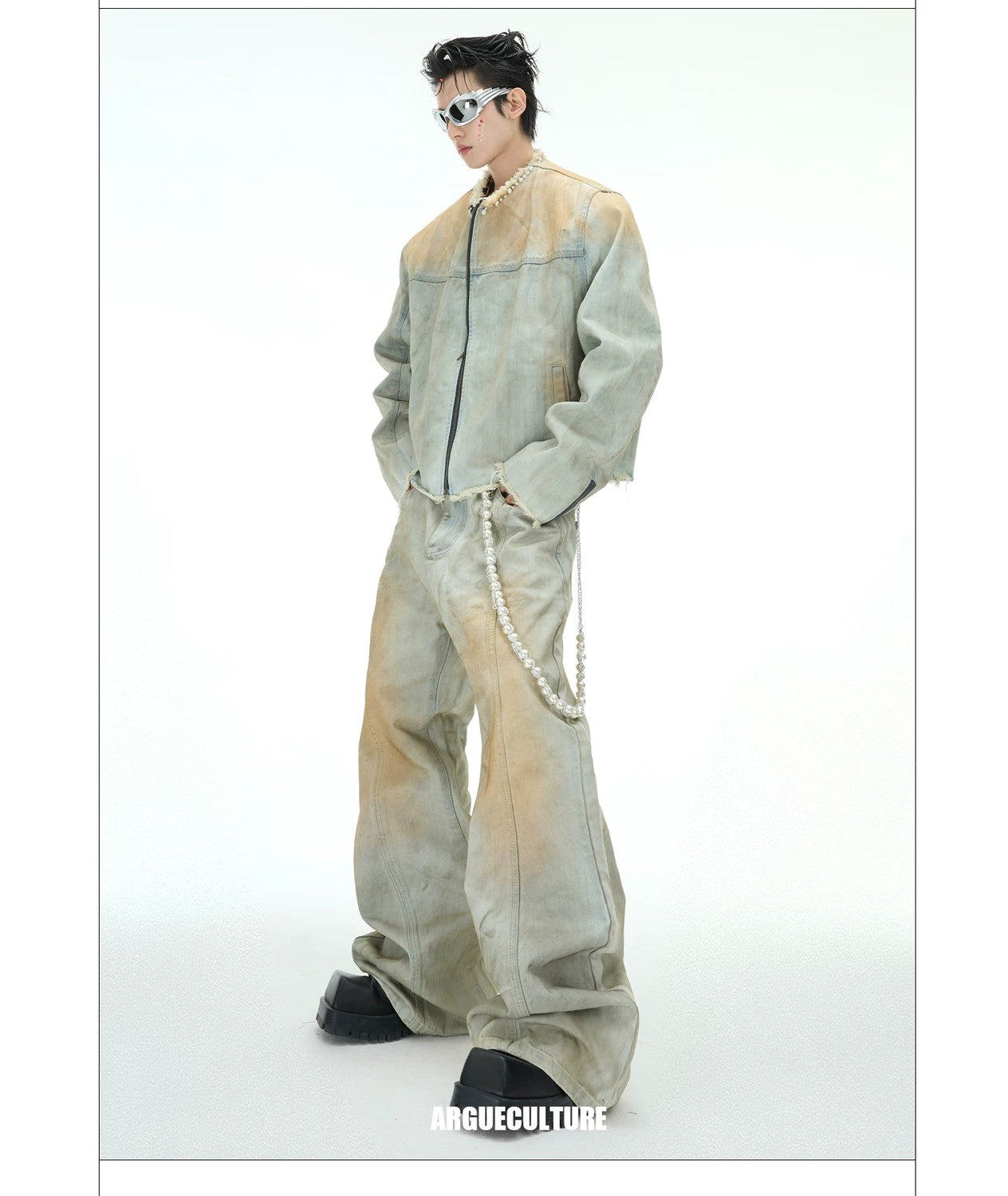 desc::distressed-pearl-denim-jacket-flare-jeans-streetwear-set-detail-img-8