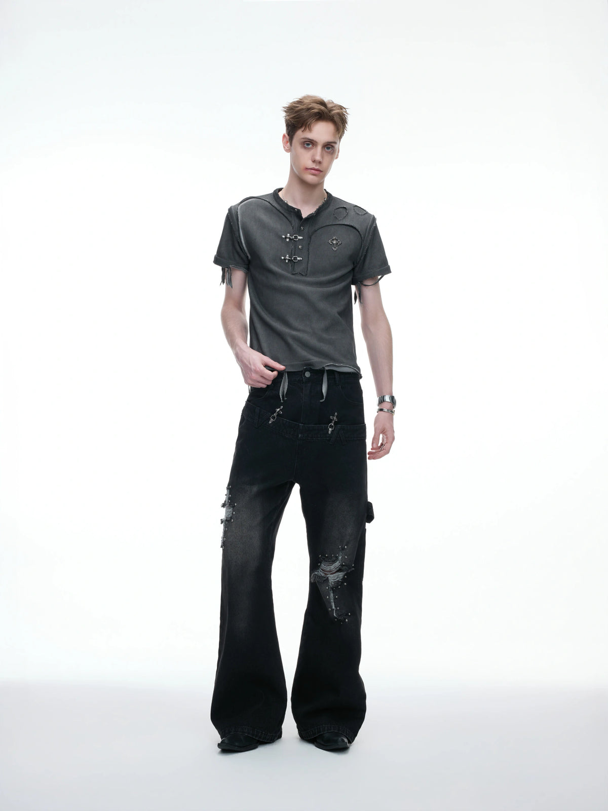 Distressed Ribbed Henley T-Shirt | Raw-Edge Unisex - main image 5