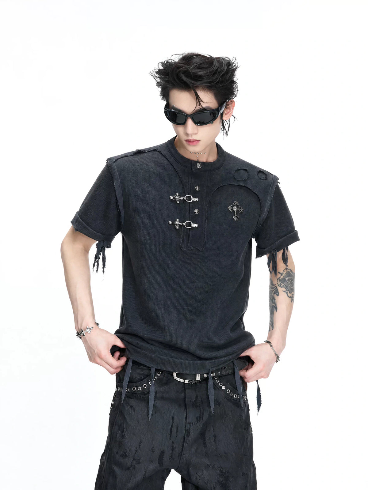 Distressed Ribbed Henley T-Shirt | Raw-Edge Unisex - main image 3