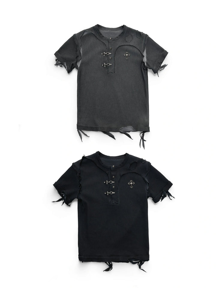Distressed Ribbed Henley T-Shirt | Raw-Edge Unisex - main image 1